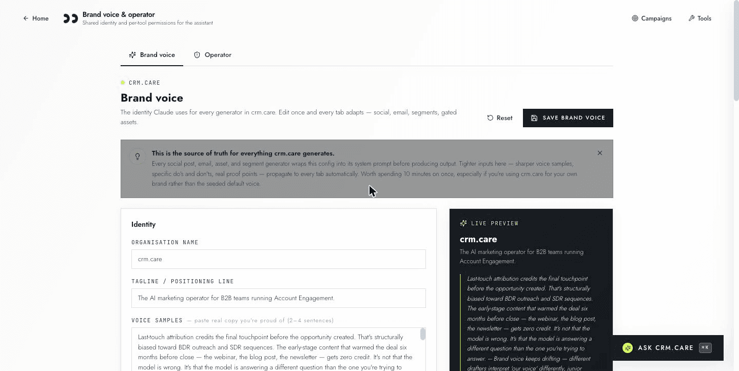 crm.care brand voice configuration page showing organisation name, tagline, voice samples textarea, brand identity visual settings with primary and accent colour swatches, and a live preview pane showing how the voice sample renders