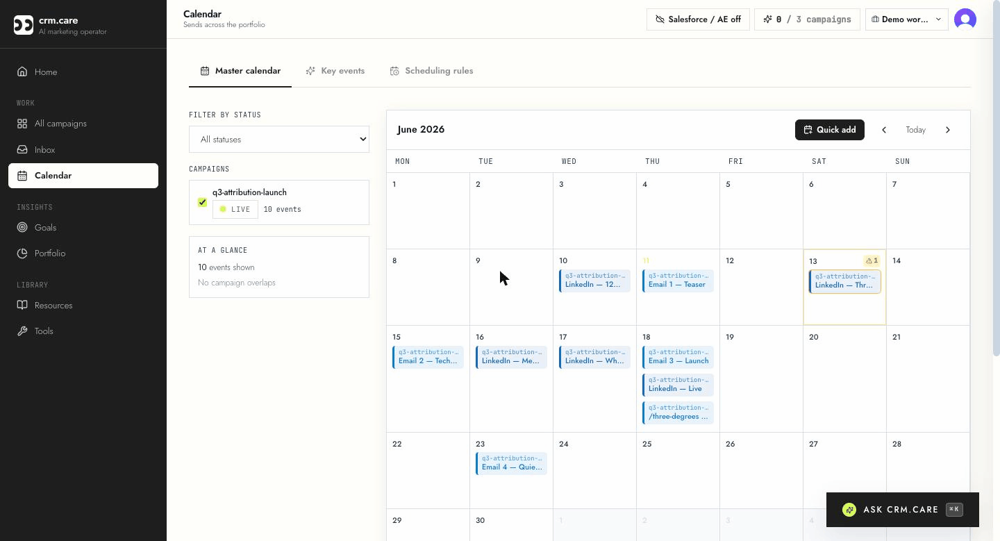crm.care master calendar — every send across the portfolio on one grid